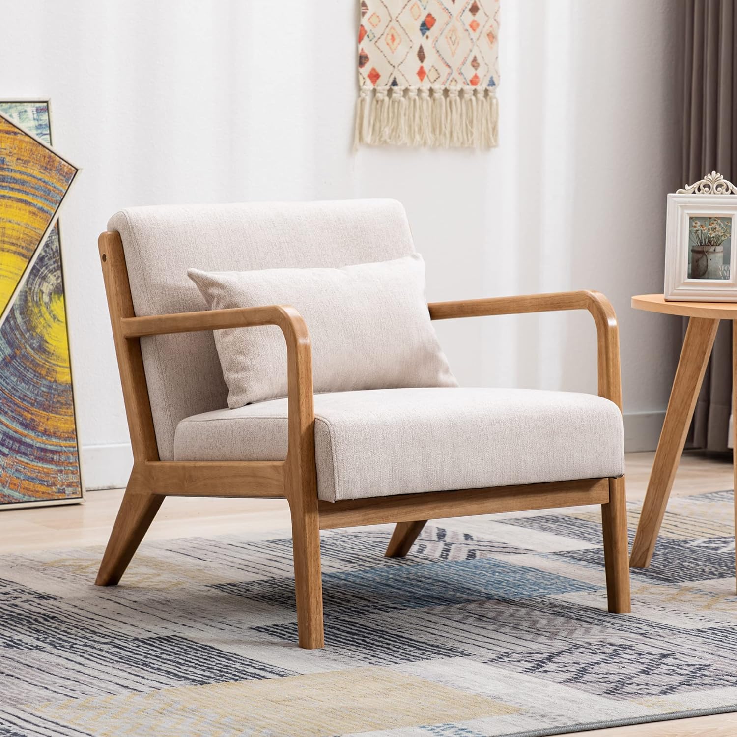 DM Furniture DM-Furniture Leather Accent Chair Midcentury Modern Oak Armchair Upholstered Side Boho Chair for Living Room Bedroom Restaurant, PU Orange, 1 Accent Chair - Image 11