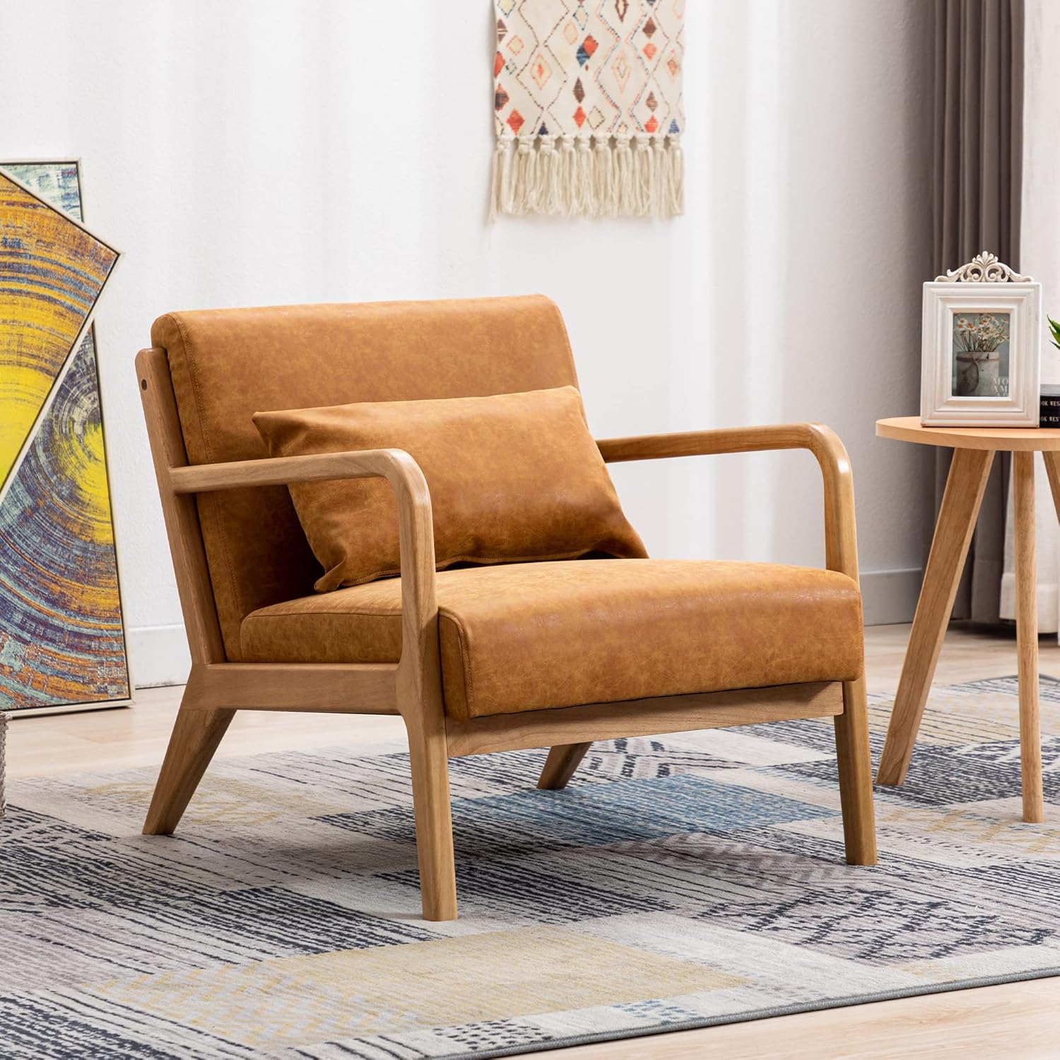 DM Furniture DM-Furniture Leather Accent Chair Midcentury Modern Oak Armchair Upholstered Side Boho Chair for Living Room Bedroom Restaurant, PU Orange, 1 Accent Chair