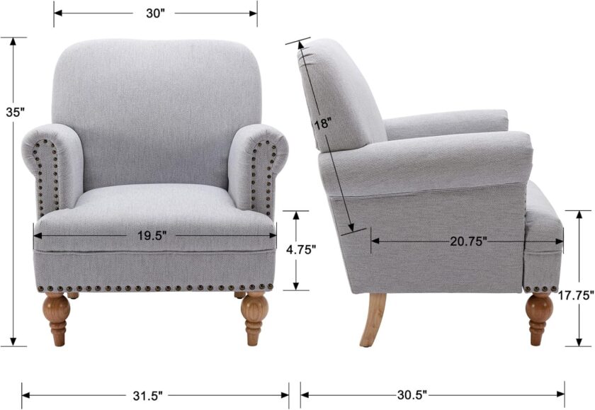 DM Furniture Wide Armchair Modern Linen Accent Chair Comfy Reading Chairs Upholstered Lounge Chair Single Sofa Couch for Bedroom\/Living Room, Grey 30.5D x 31.5W x 17.75H in - Image 3