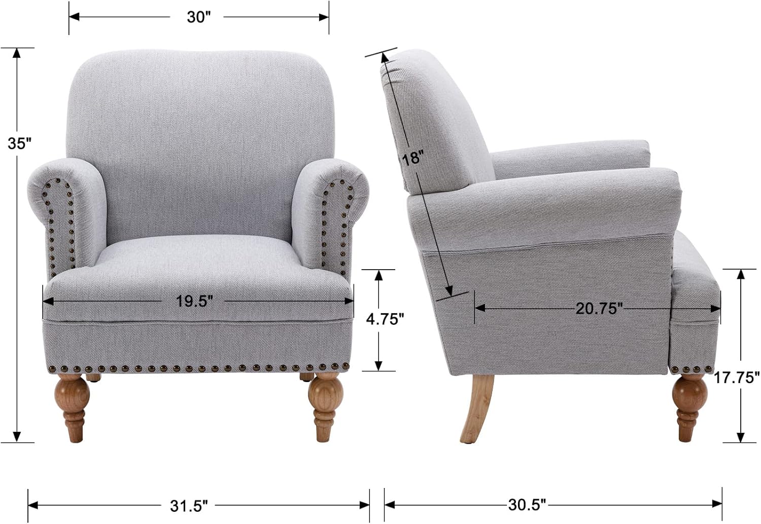 DM Furniture Wide Armchair Modern Linen Accent Chair Comfy Reading Chairs Upholstered Lounge Chair Single Sofa Couch for Bedroom\/Living Room, Grey 30.5D x 31.5W x 17.75H in - Image 3