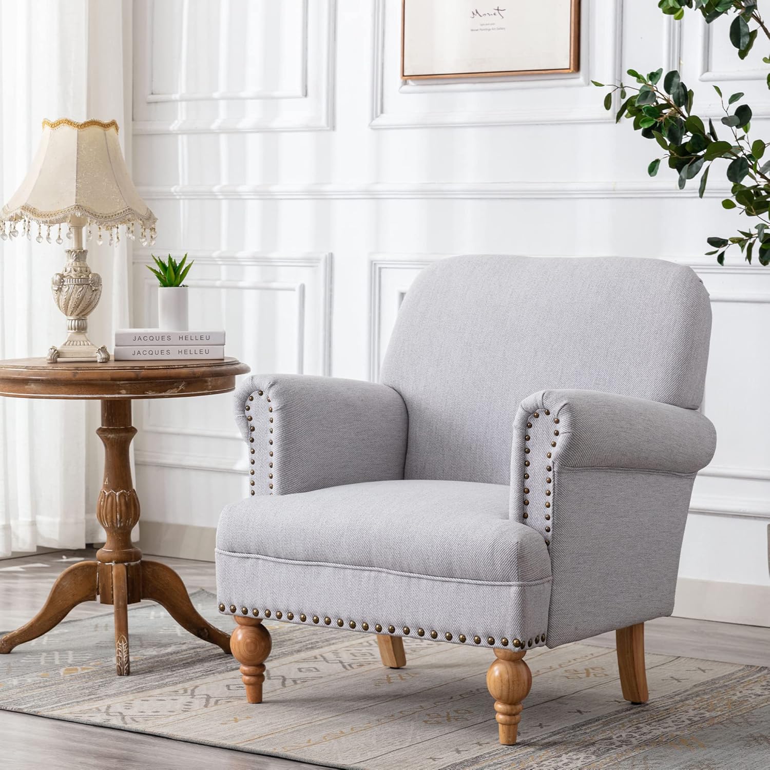 DM Furniture Wide Armchair Modern Linen Accent Chair Comfy Reading Chairs Upholstered Lounge Chair Single Sofa Couch for Bedroom\/Living Room, Grey 30.5D x 31.5W x 17.75H in - Image 2