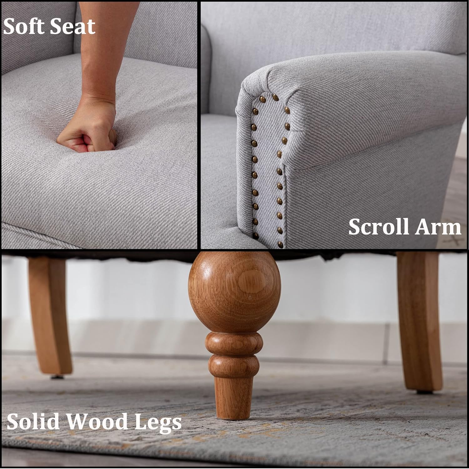 DM Furniture Wide Armchair Modern Linen Accent Chair Comfy Reading Chairs Upholstered Lounge Chair Single Sofa Couch for Bedroom\/Living Room, Grey 30.5D x 31.5W x 17.75H in - Image 7