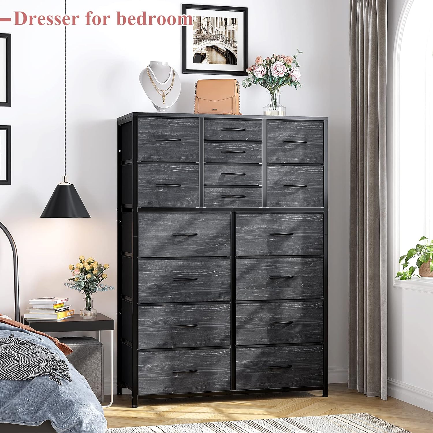 EnHomee 16 Drawer Dresser, Tall Dresser for Bedroom with Wooden Top and Sturdy Metal Frame, Large Bedroom Dressers & Chest of Drawers for Bedroom Closet Living Room Entry,57.1"Hx 37.4"W x 11.8"D,Black - Image 6