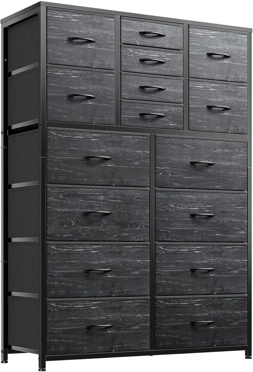 EnHomee 16 Drawer Dresser, Tall Dresser for Bedroom with Wooden Top and Sturdy Metal Frame, Large Bedroom Dressers & Chest of Drawers for Bedroom Closet Living Room Entry,57.1"Hx 37.4"W x 11.8"D,Black