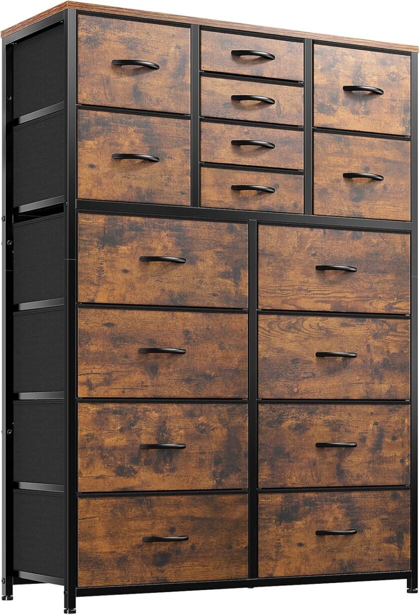 EnHomee 16 Drawer Dresser, Tall Dresser for Bedroom with Wooden Top and Sturdy Metal Frame, Large Bedroom Dressers & Chest of Drawers for Bedroom Closet Living Room Entry,57.1"Hx 37.4"W x 11.8"D,Black - Image 9