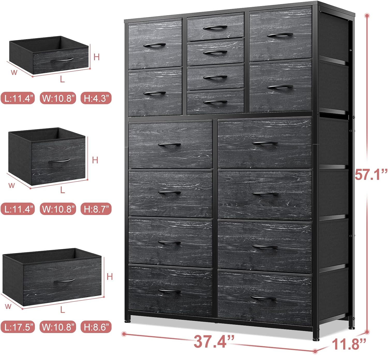 EnHomee 16 Drawer Dresser, Tall Dresser for Bedroom with Wooden Top and Sturdy Metal Frame, Large Bedroom Dressers & Chest of Drawers for Bedroom Closet Living Room Entry,57.1"Hx 37.4"W x 11.8"D,Black - Image 3