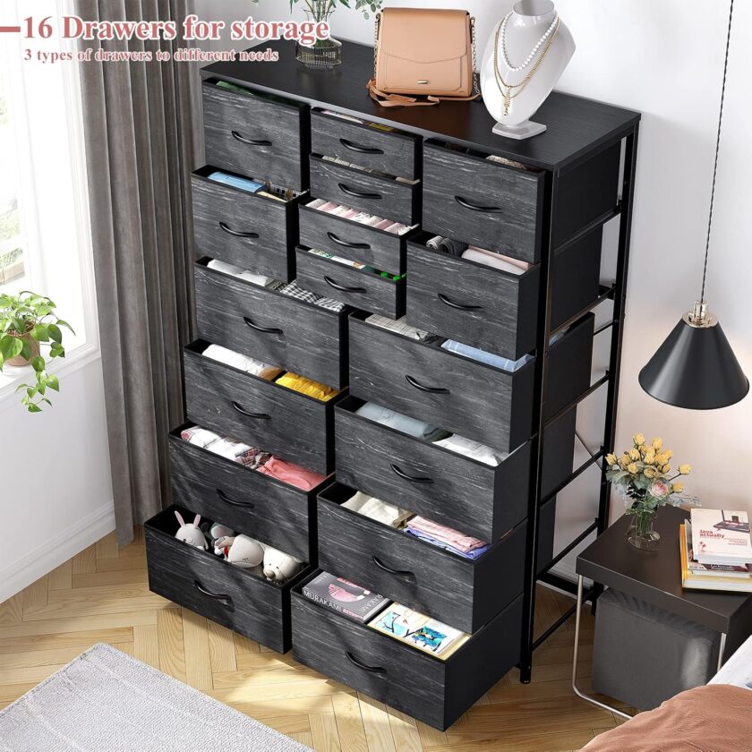 EnHomee 16 Drawer Dresser, Tall Dresser for Bedroom with Wooden Top and Sturdy Metal Frame, Large Bedroom Dressers & Chest of Drawers for Bedroom Closet Living Room Entry,57.1"Hx 37.4"W x 11.8"D,Black - Image 2