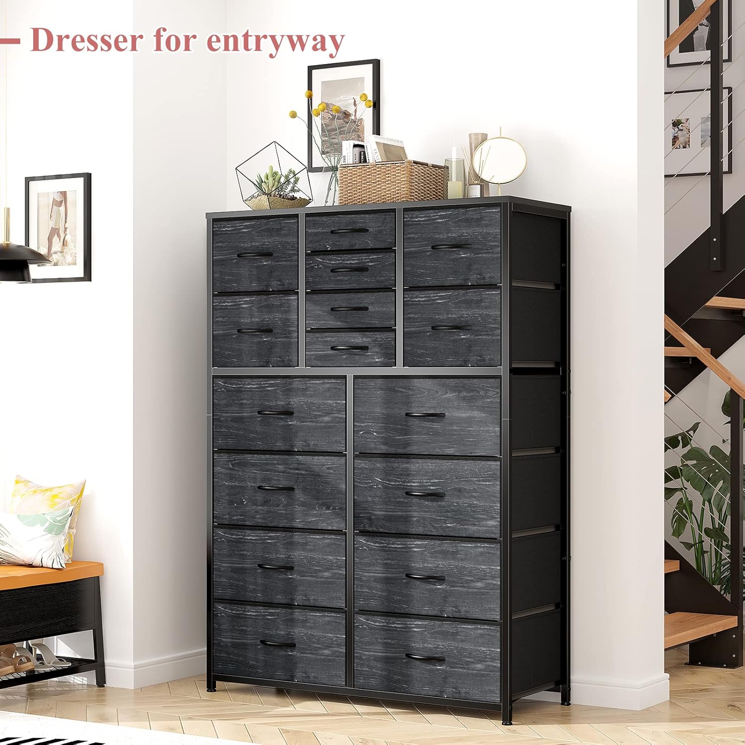 EnHomee 16 Drawer Dresser, Tall Dresser for Bedroom with Wooden Top and Sturdy Metal Frame, Large Bedroom Dressers & Chest of Drawers for Bedroom Closet Living Room Entry,57.1"Hx 37.4"W x 11.8"D,Black - Image 4