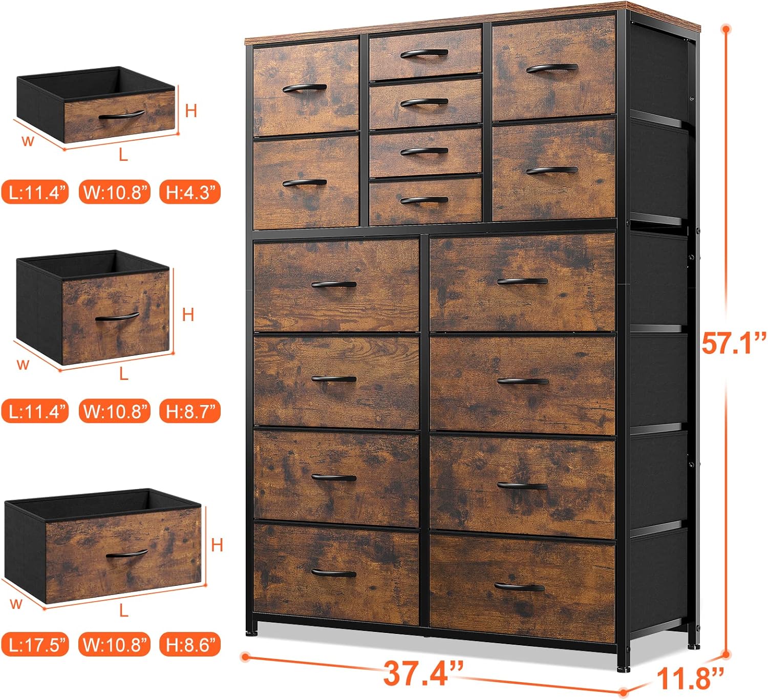 EnHomee 16 Drawer Dresser, Tall Dresser for Bedroom with Wooden Top and Sturdy Metal Frame, Large Dressers & Chest of Drawers for Bedroom Closet Living Room Entry,57.1"Hx 37.4"W x 11.8"D, Rustic Brown - Image 3