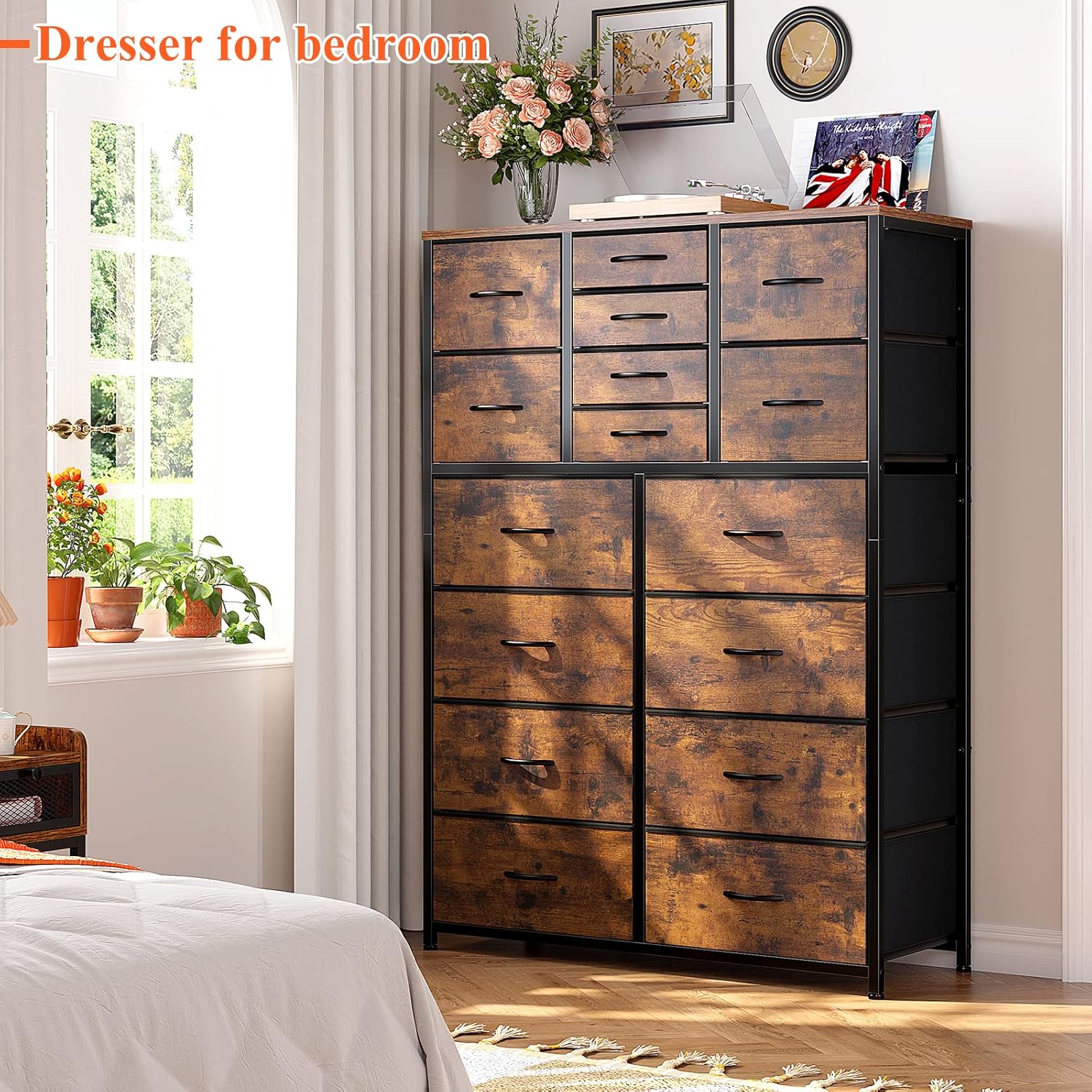 EnHomee 16 Drawer Dresser, Tall Dresser for Bedroom with Wooden Top and Sturdy Metal Frame, Large Dressers & Chest of Drawers for Bedroom Closet Living Room Entry,57.1"Hx 37.4"W x 11.8"D, Rustic Brown - Image 5