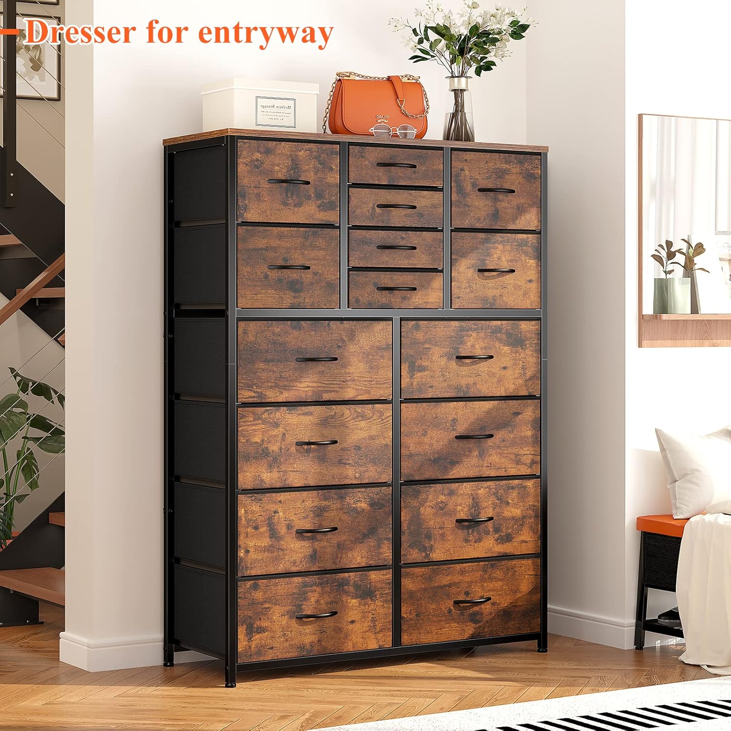 EnHomee 16 Drawer Dresser, Tall Dresser for Bedroom with Wooden Top and Sturdy Metal Frame, Large Dressers & Chest of Drawers for Bedroom Closet Living Room Entry,57.1"Hx 37.4"W x 11.8"D, Rustic Brown - Image 7