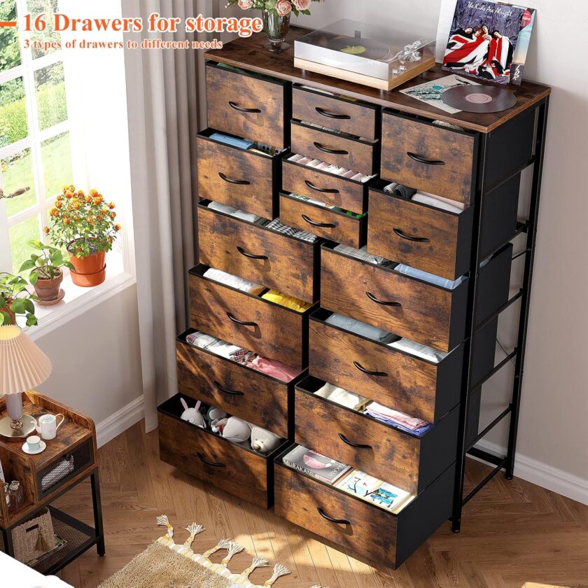 EnHomee 16 Drawer Dresser, Tall Dresser for Bedroom with Wooden Top and Sturdy Metal Frame, Large Dressers & Chest of Drawers for Bedroom Closet Living Room Entry,57.1"Hx 37.4"W x 11.8"D, Rustic Brown - Image 2