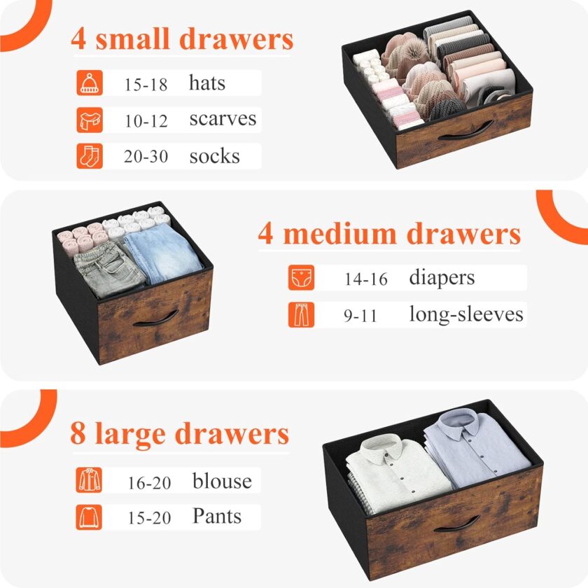 EnHomee 16 Drawer Dresser, Tall Dresser for Bedroom with Wooden Top and Sturdy Metal Frame, Large Dressers & Chest of Drawers for Bedroom Closet Living Room Entry,57.1"Hx 37.4"W x 11.8"D, Rustic Brown - Image 4