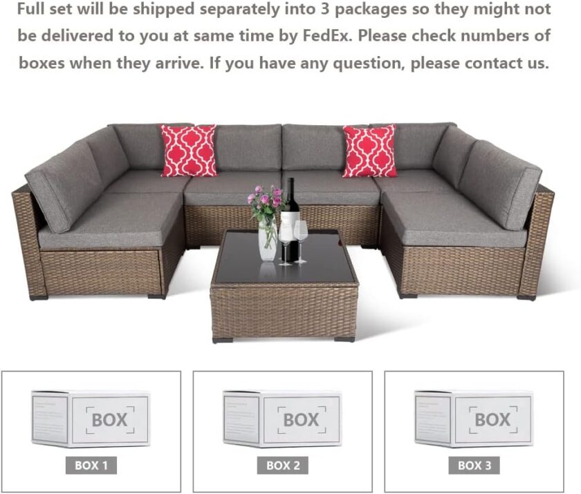 FIZZEEY 7 PCs Outdoor Patio Furniture PE Wicker Rattan Sectional Conversation Sofa Set, Grey - Image 6