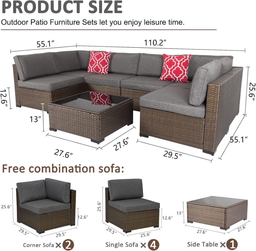 FIZZEEY 7 PCs Outdoor Patio Furniture PE Wicker Rattan Sectional Conversation Sofa Set, Grey - Image 2