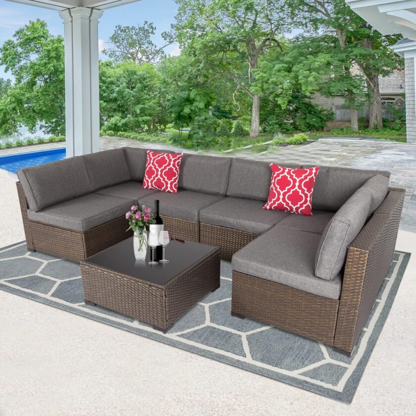 FIZZEEY 7 PCs Outdoor Patio Furniture PE Wicker Rattan Sectional Conversation Sofa Set, Grey - Image 8