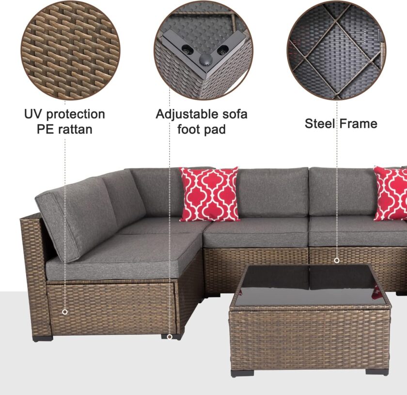 FIZZEEY 7 PCs Outdoor Patio Furniture PE Wicker Rattan Sectional Conversation Sofa Set, Grey - Image 5
