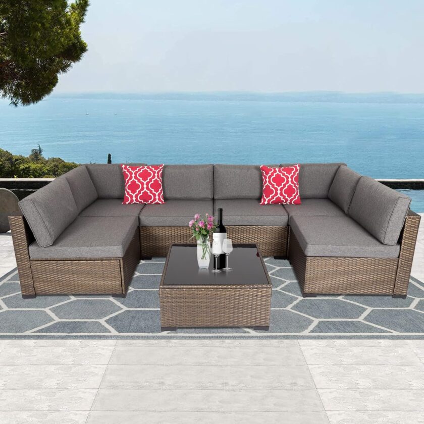 FIZZEEY 7 PCs Outdoor Patio Furniture PE Wicker Rattan Sectional Conversation Sofa Set, Grey