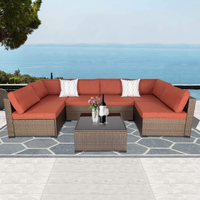 FIZZEEY 7 PCs Outdoor Patio Furniture PE Wicker Rattan Sectional Conversation Sofa Set, Grey - Image 9