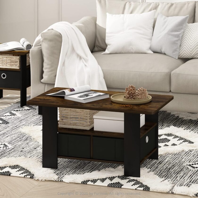 Furinno Andrey Coffee Table with Bin Drawer, Amber Pine/Black - Image 2