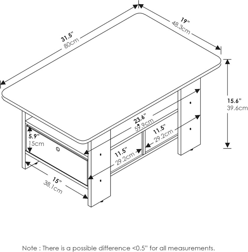 Furinno Andrey Coffee Table with Bin Drawer, Amber Pine/Black - Image 3