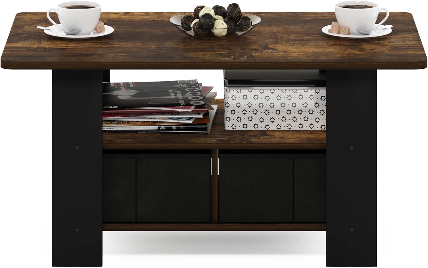 Furinno Andrey Coffee Table with Bin Drawer, Amber Pine/Black - Image 4