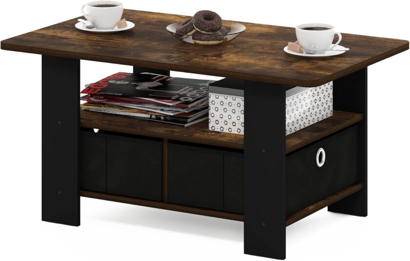 Furinno Andrey Coffee Table with Bin Drawer, Amber Pine/Black - Image 5