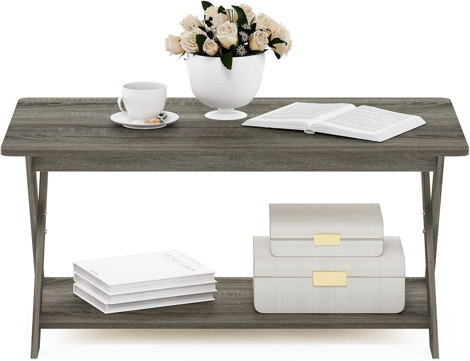 Furinno Modern Simplistic Criss-Crossed Coffee Table, 35.4 in x 19.6 in x 16 in, French Oak Grey - Image 6