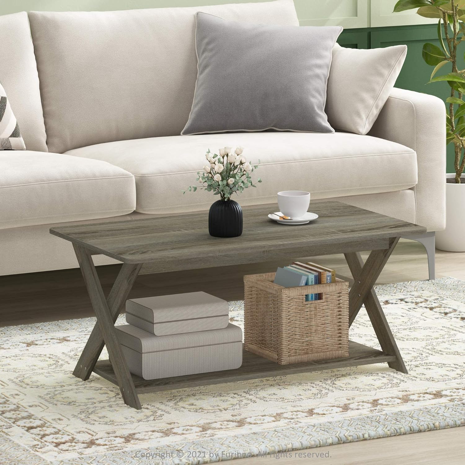 Furinno Modern Simplistic Criss-Crossed Coffee Table, 35.4 in x 19.6 in x 16 in, French Oak Grey - Image 2