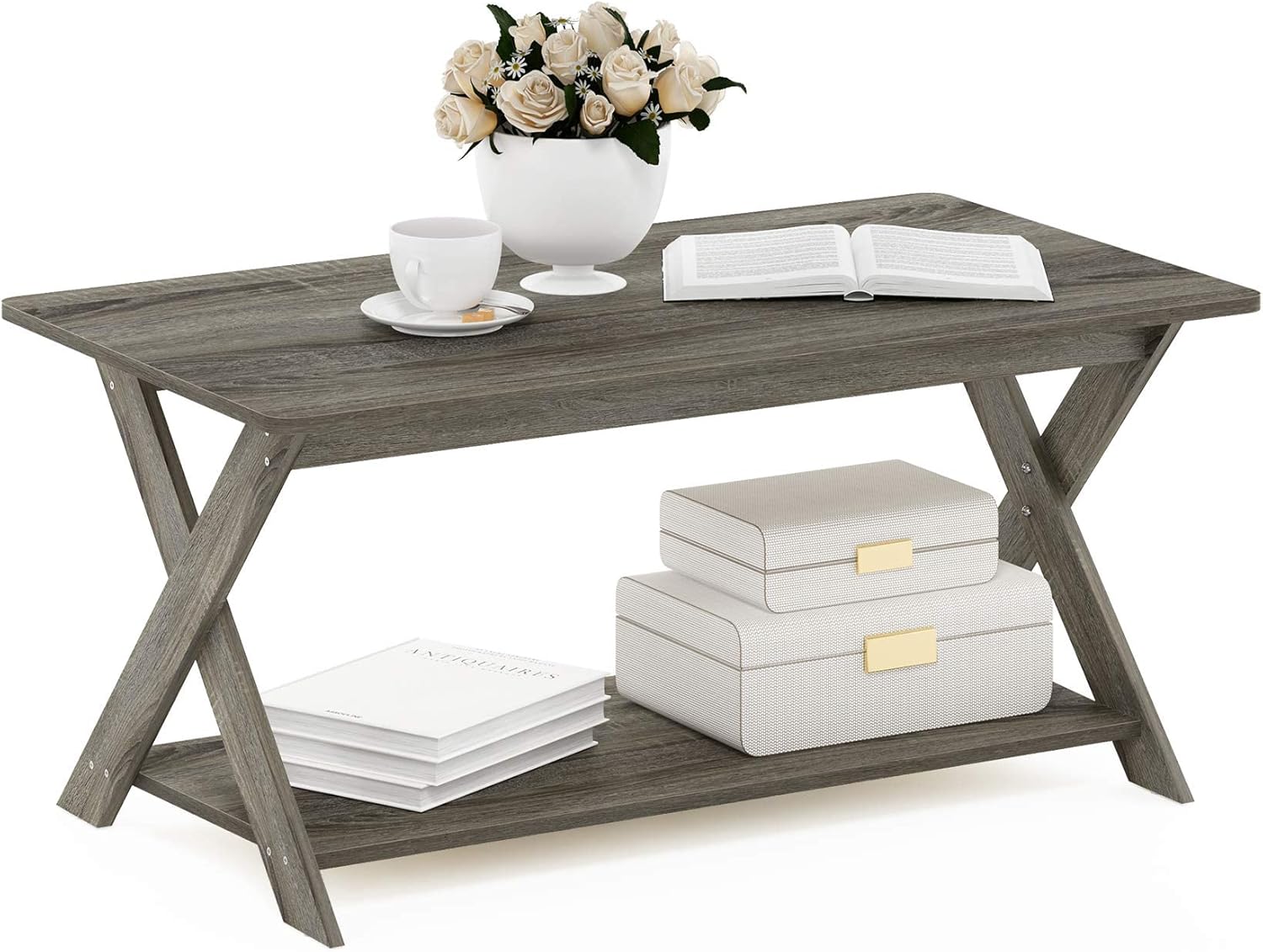 Furinno Modern Simplistic Criss-Crossed Coffee Table, 35.4 in x 19.6 in x 16 in, French Oak Grey - Image 5
