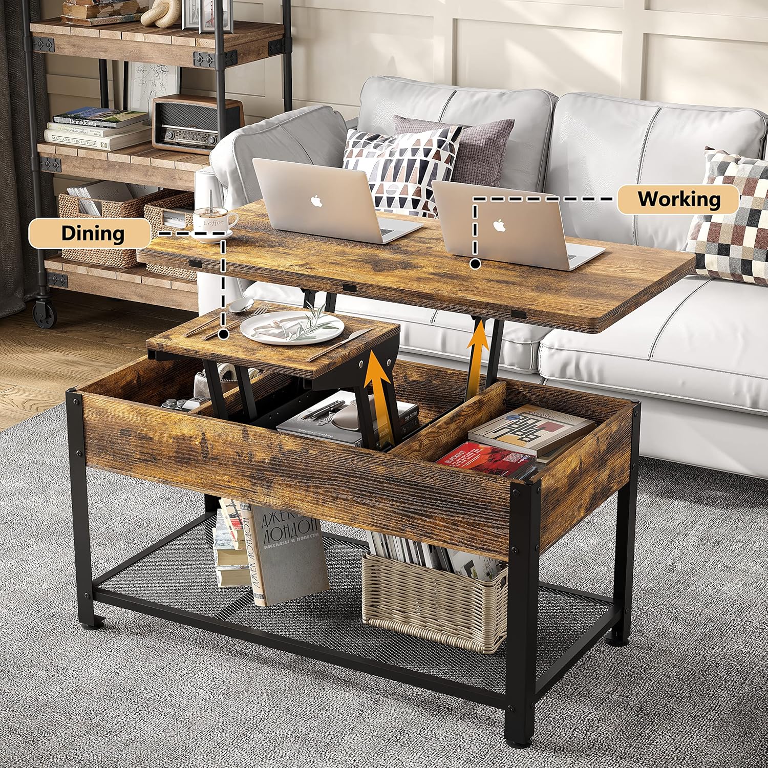 Furniouse Coffee Table Lift Top, 3 in 1 Multi-Function Coffee Table with Hidden Compartment, Coffee Table Converts to Dining Table for Living Room, Home Office, Rustic Brown - Image 2