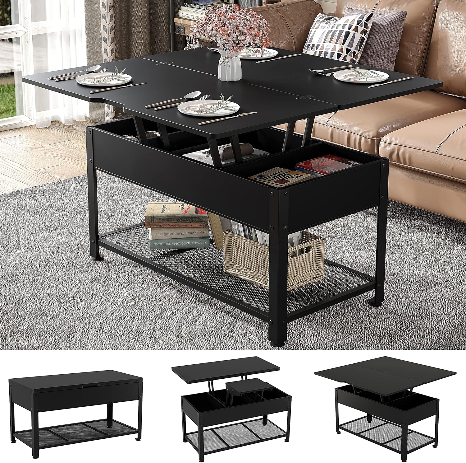 Furniouse Coffee Table Lift Top, 3 in 1 Multi-Function Coffee Table with Hidden Compartment, Coffee Table Converts to Dining Table for Living Room, Home Office, Rustic Brown - Image 9