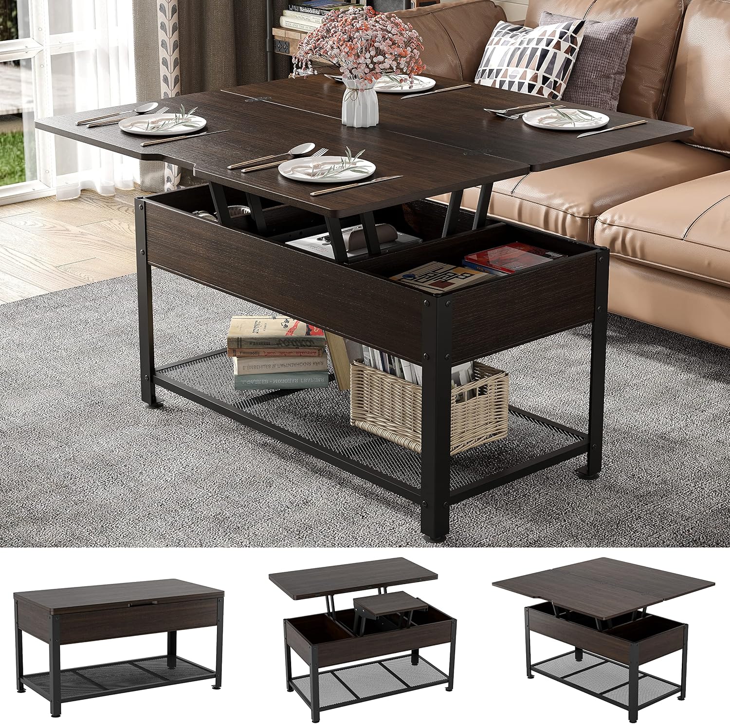 Furniouse Coffee Table Lift Top, 3 in 1 Multi-Function Coffee Table with Hidden Compartment, Coffee Table Converts to Dining Table for Living Room, Home Office, Rustic Brown - Image 8