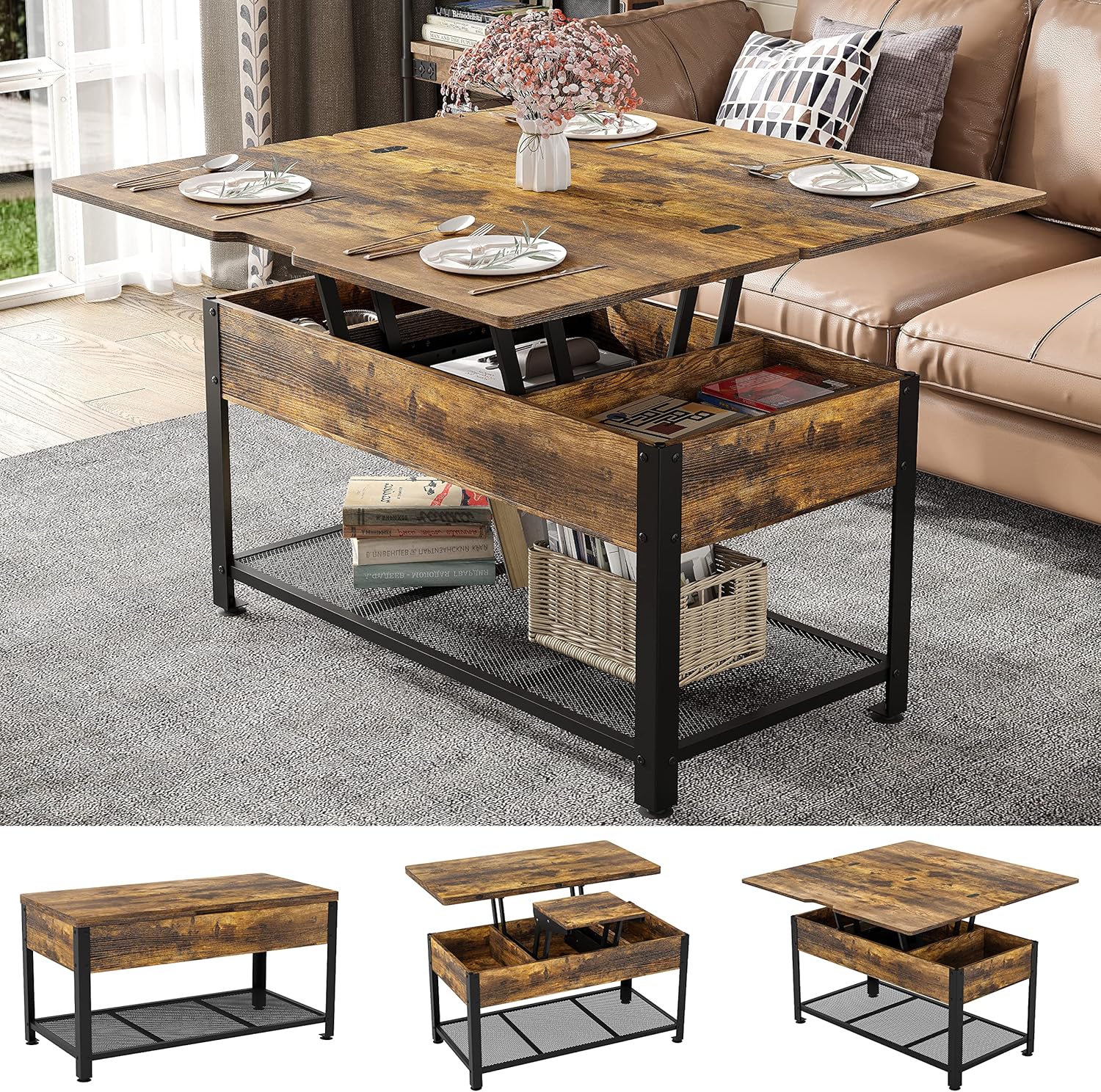Furniouse Coffee Table Lift Top, 3 in 1 Multi-Function Coffee Table with Hidden Compartment, Coffee Table Converts to Dining Table for Living Room, Home Office, Rustic Brown