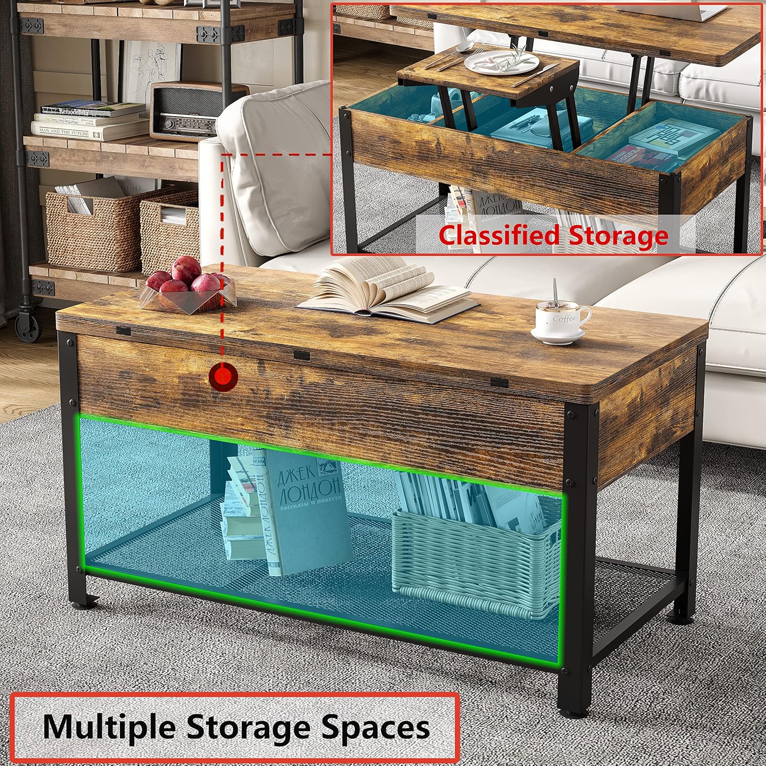 Furniouse Coffee Table Lift Top, 3 in 1 Multi-Function Coffee Table with Hidden Compartment, Coffee Table Converts to Dining Table for Living Room, Home Office, Rustic Brown - Image 4