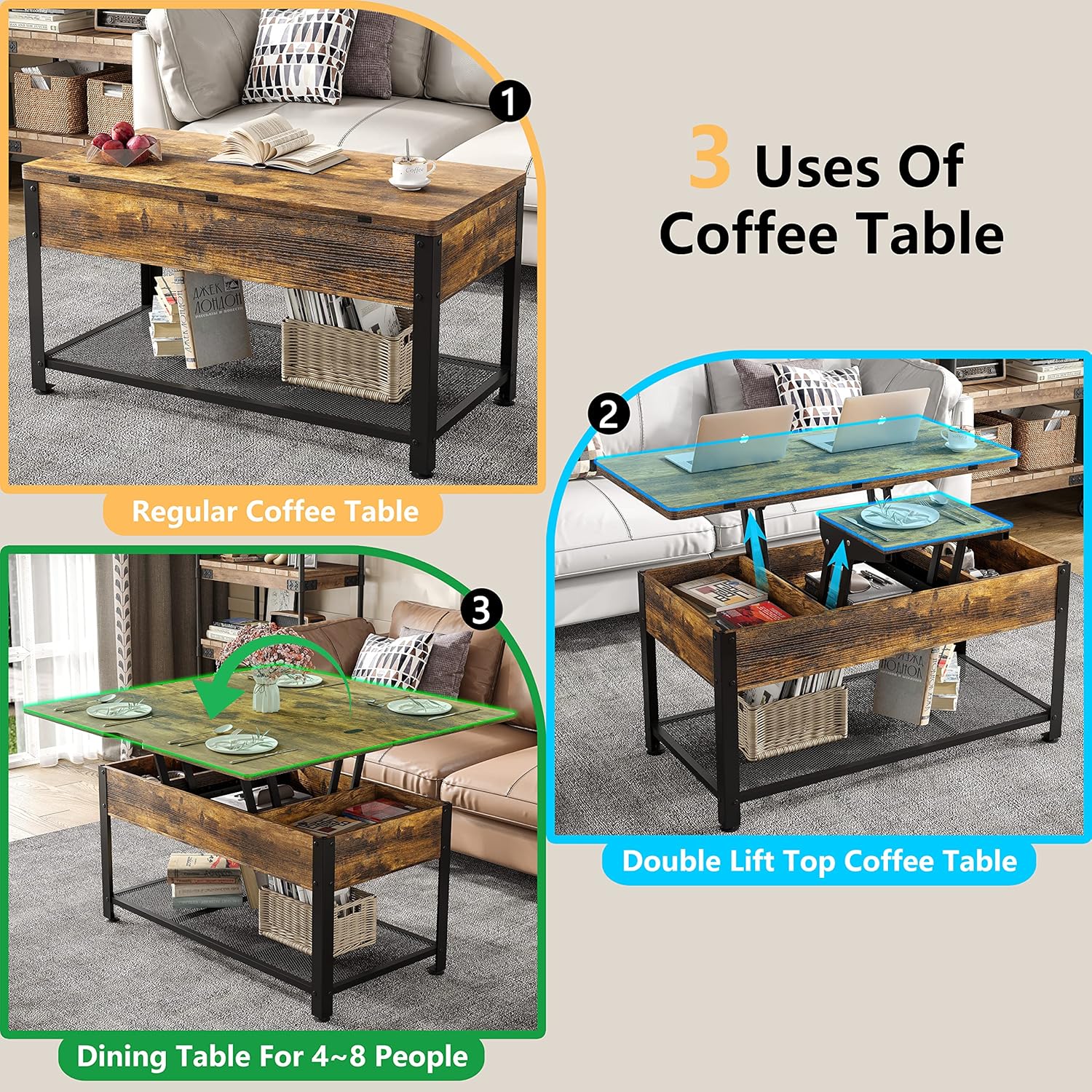 Furniouse Coffee Table Lift Top, 3 in 1 Multi-Function Coffee Table with Hidden Compartment, Coffee Table Converts to Dining Table for Living Room, Home Office, Rustic Brown - Image 5