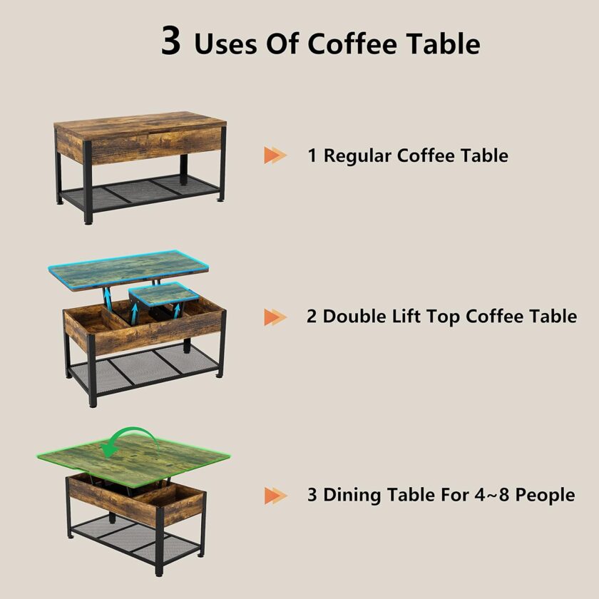 Furniouse Coffee Table Lift Top, 3 in 1 Multi-Function Coffee Table with Hidden Compartment, Coffee Table Converts to Dining Table for Living Room, Home Office, Rustic Brown - Image 7