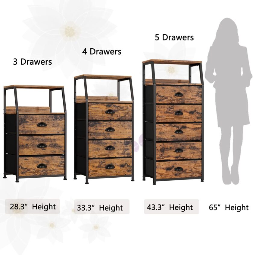 Furnulem Nightstand with 3 Drawers and 2-Tier Shelf, Fabric Small Dresser Organizer Vertical Storage Tower for Bedroom, Closet, Hallway, Nursery, End Table Side Furniture, Sturdy Steel Frame, Wood Top - Image 7