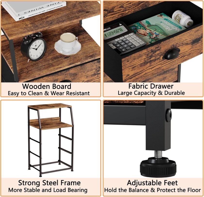 Furnulem Nightstand with 3 Drawers and 2-Tier Shelf, Fabric Small Dresser Organizer Vertical Storage Tower for Bedroom, Closet, Hallway, Nursery, End Table Side Furniture, Sturdy Steel Frame, Wood Top - Image 4