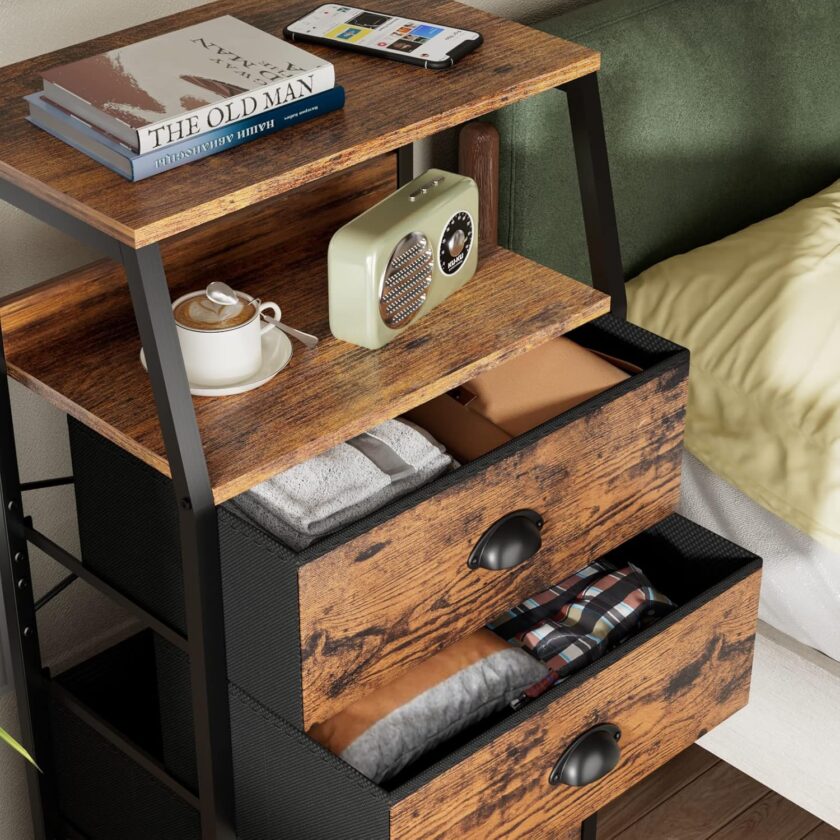 Furnulem Nightstand with 3 Drawers and 2-Tier Shelf, Fabric Small Dresser Organizer Vertical Storage Tower for Bedroom, Closet, Hallway, Nursery, End Table Side Furniture, Sturdy Steel Frame, Wood Top - Image 3