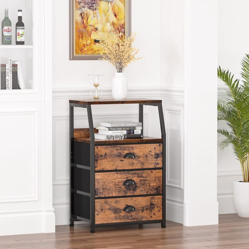 Furnulem Nightstand with 3 Drawers and 2-Tier Shelf, Fabric Small Dresser Organizer Vertical Storage Tower for Bedroom, Closet, Hallway, Nursery, End Table Side Furniture, Sturdy Steel Frame, Wood Top - Image 8