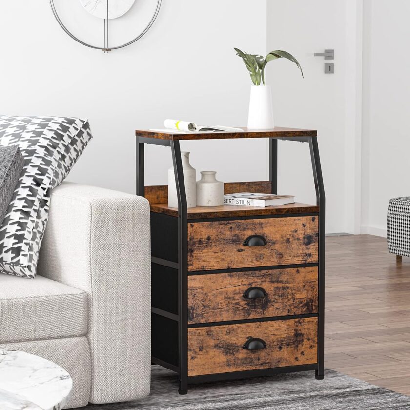 Furnulem Nightstand with 3 Drawers and 2-Tier Shelf, Fabric Small Dresser Organizer Vertical Storage Tower for Bedroom, Closet, Hallway, Nursery, End Table Side Furniture, Sturdy Steel Frame, Wood Top - Image 5