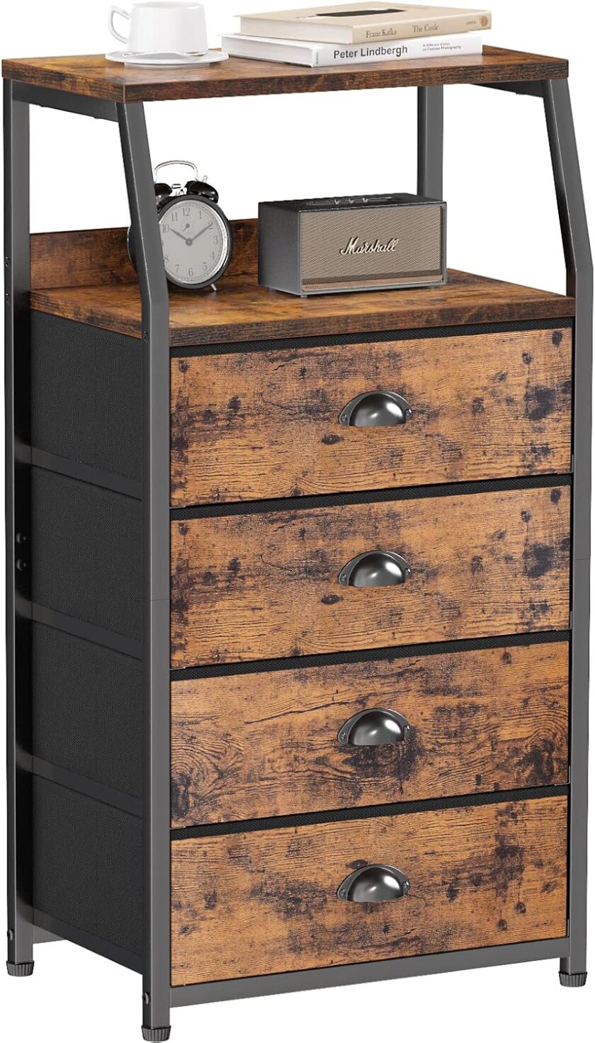 Furnulem Nightstand with 3 Drawers and 2-Tier Shelf, Fabric Small Dresser Organizer Vertical Storage Tower for Bedroom, Closet, Hallway, Nursery, End Table Side Furniture, Sturdy Steel Frame, Wood Top - Image 9