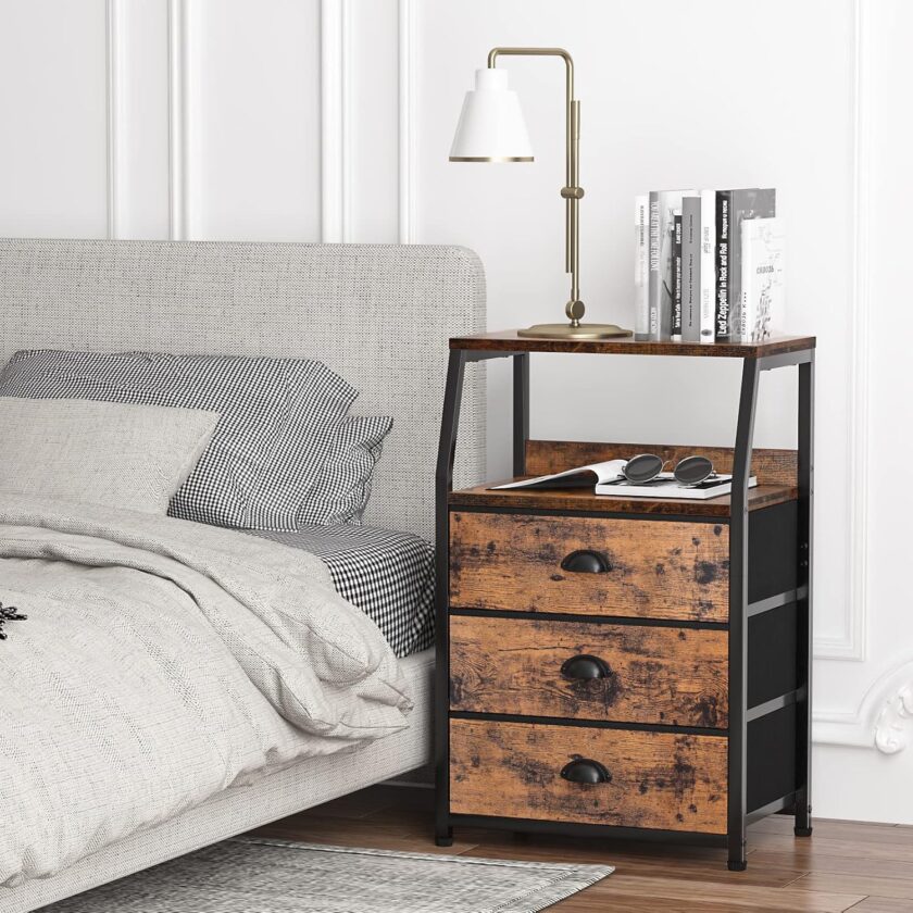 Furnulem Nightstand with 3 Drawers and 2-Tier Shelf, Fabric Small Dresser Organizer Vertical Storage Tower for Bedroom, Closet, Hallway, Nursery, End Table Side Furniture, Sturdy Steel Frame, Wood Top - Image 2