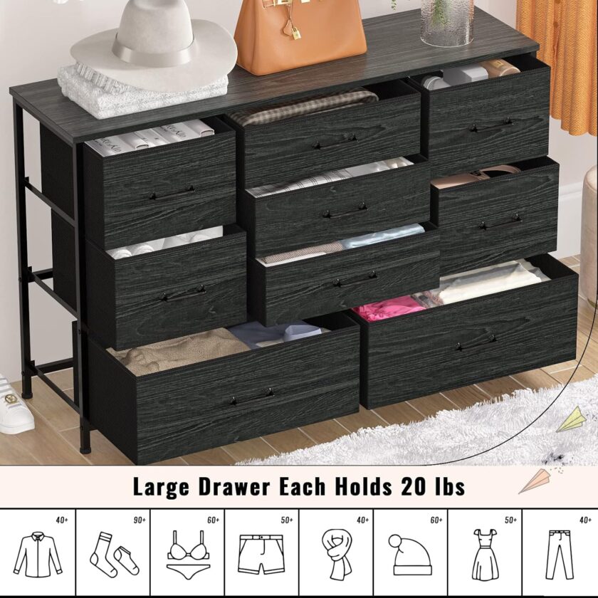 Furnulem Wide Dresser with 9 Large Drawers for 55'' Long TV Stand Entertainment Center,Wood Shelf Storage for Bedroom,Living Room,Closet,Entryway,Sturdy Metal Frame ï¼ˆBlack Oakï¼‰ - Image 6