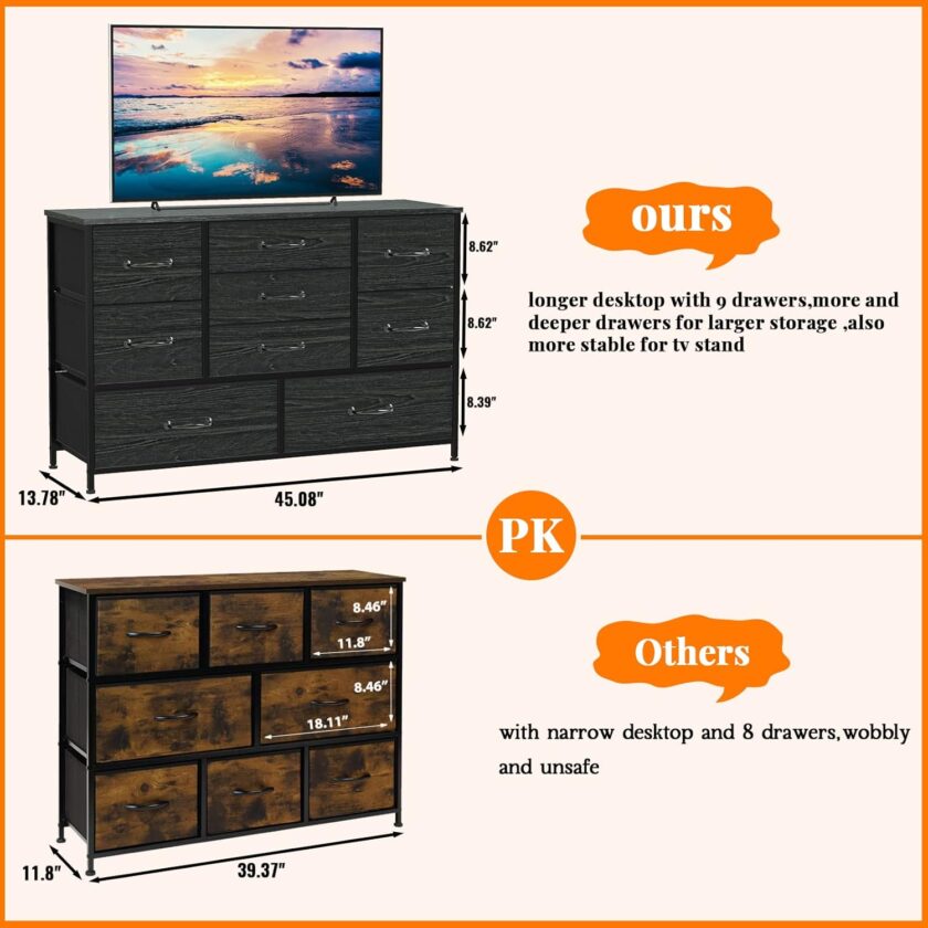Furnulem Wide Dresser with 9 Large Drawers for 55'' Long TV Stand Entertainment Center,Wood Shelf Storage for Bedroom,Living Room,Closet,Entryway,Sturdy Metal Frame ï¼ˆBlack Oakï¼‰ - Image 5