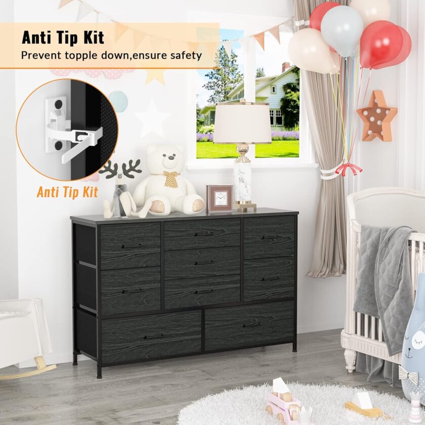 Furnulem Wide Dresser with 9 Large Drawers for 55'' Long TV Stand Entertainment Center,Wood Shelf Storage for Bedroom,Living Room,Closet,Entryway,Sturdy Metal Frame ï¼ˆBlack Oakï¼‰ - Image 4