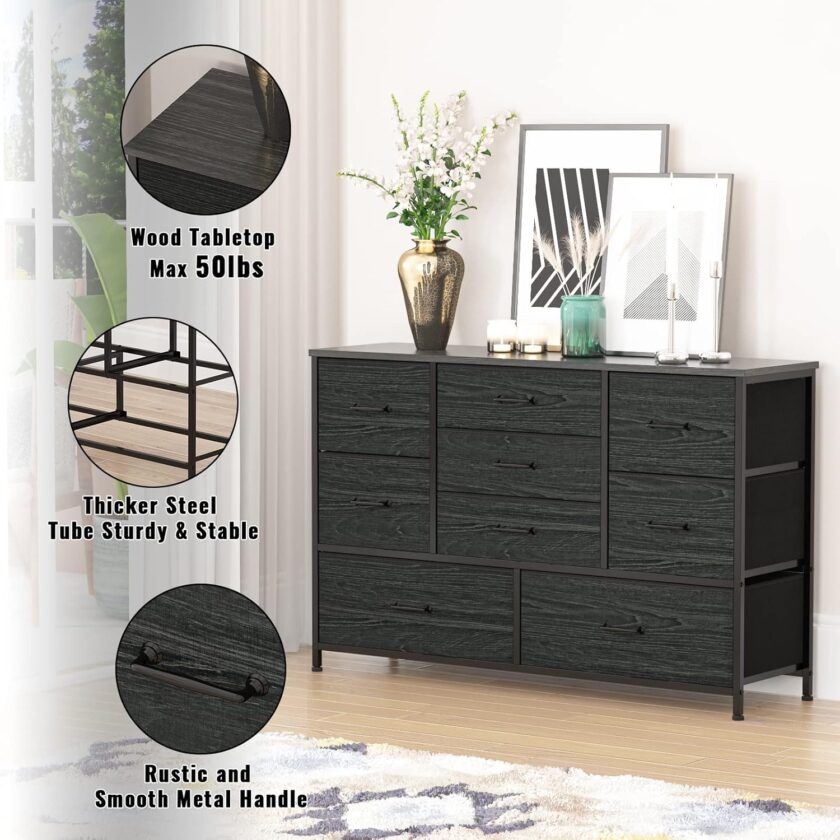 Furnulem Wide Dresser with 9 Large Drawers for 55'' Long TV Stand Entertainment Center,Wood Shelf Storage for Bedroom,Living Room,Closet,Entryway,Sturdy Metal Frame ï¼ˆBlack Oakï¼‰ - Image 7