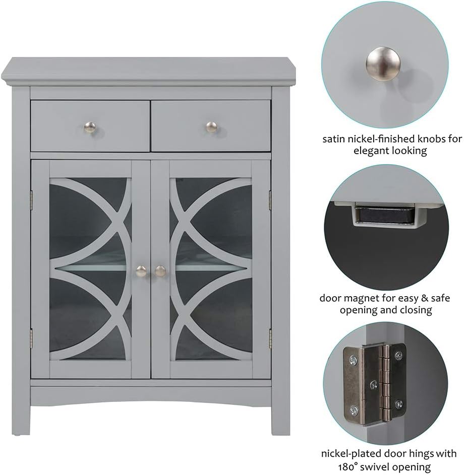 glitzhome 32.5 Inch Free Standing Storage Cabinet Wooden Floor Cabinet Accent Display with Double Doors and Drawer Bathroom Furniture Grey - Image 3