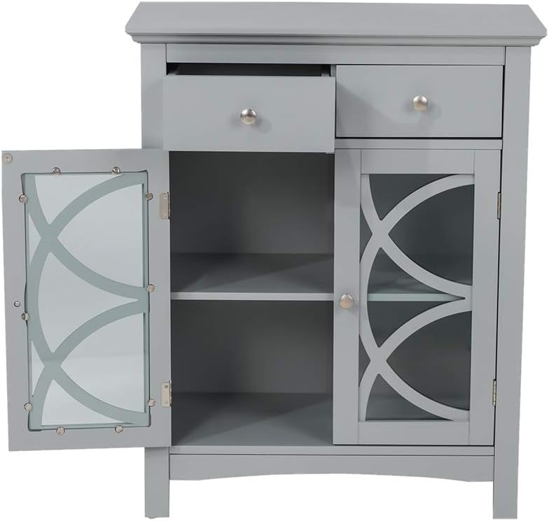 glitzhome 32.5 Inch Free Standing Storage Cabinet Wooden Floor Cabinet Accent Display with Double Doors and Drawer Bathroom Furniture Grey - Image 9